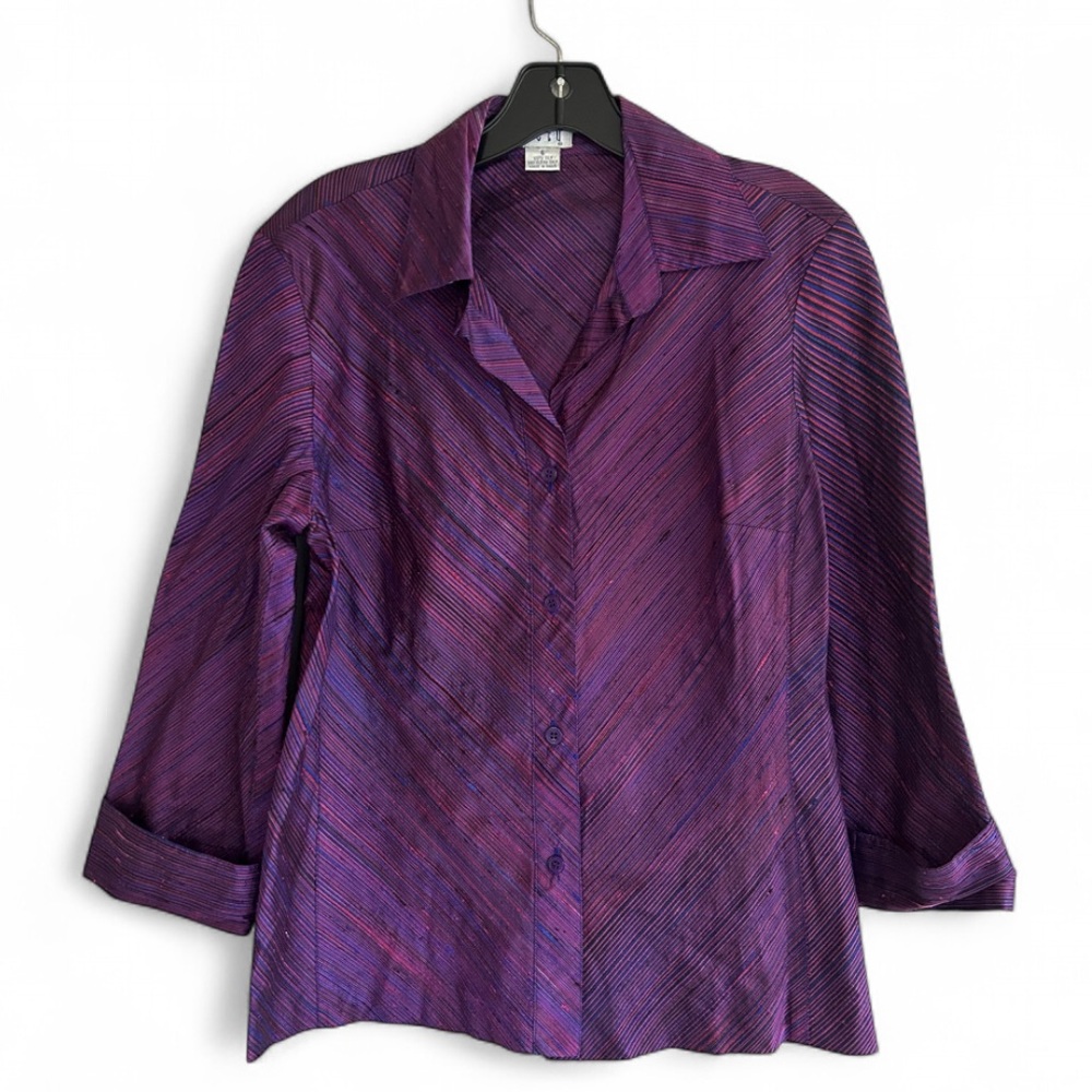 VINTAGE BETU 90s 100% Silk Blouse Woven Striped Button Shirt Textured Artsy Sz 6